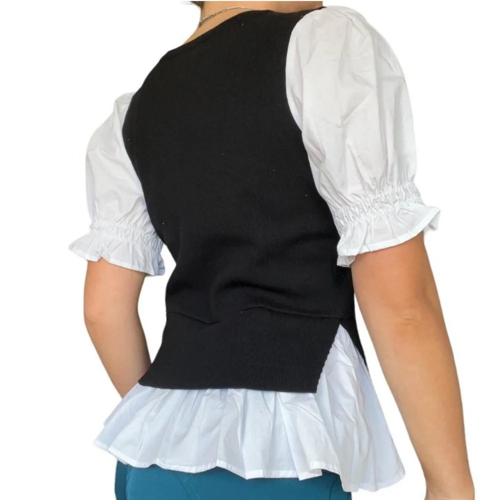 Anthropologie Black and White Ruffle Sleeve Blouse